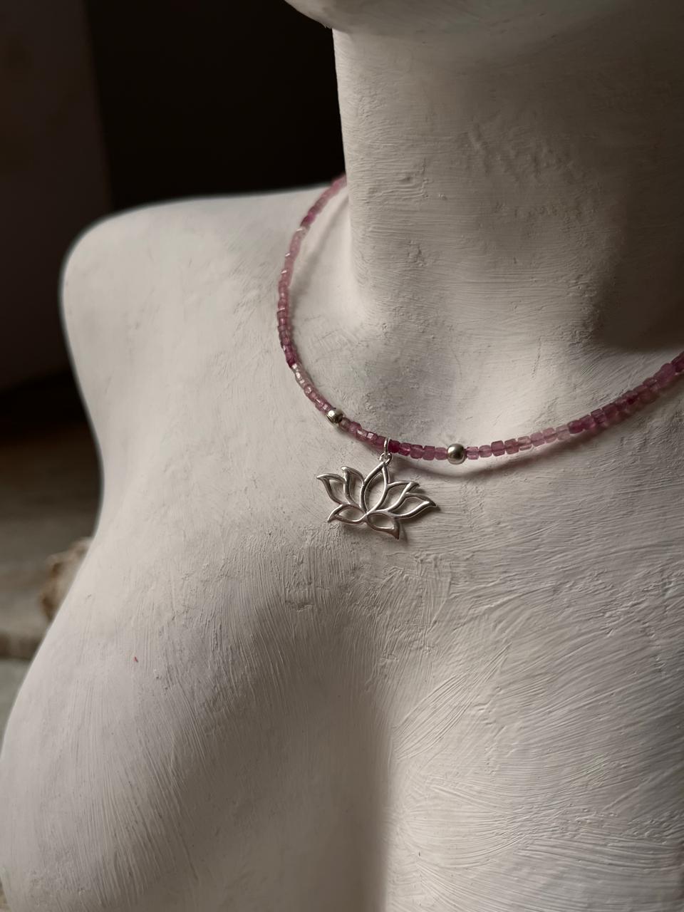 Pink Tourmaline Natural Crystal With Lotus Charm 925 Sterling Silver Choker Necklace