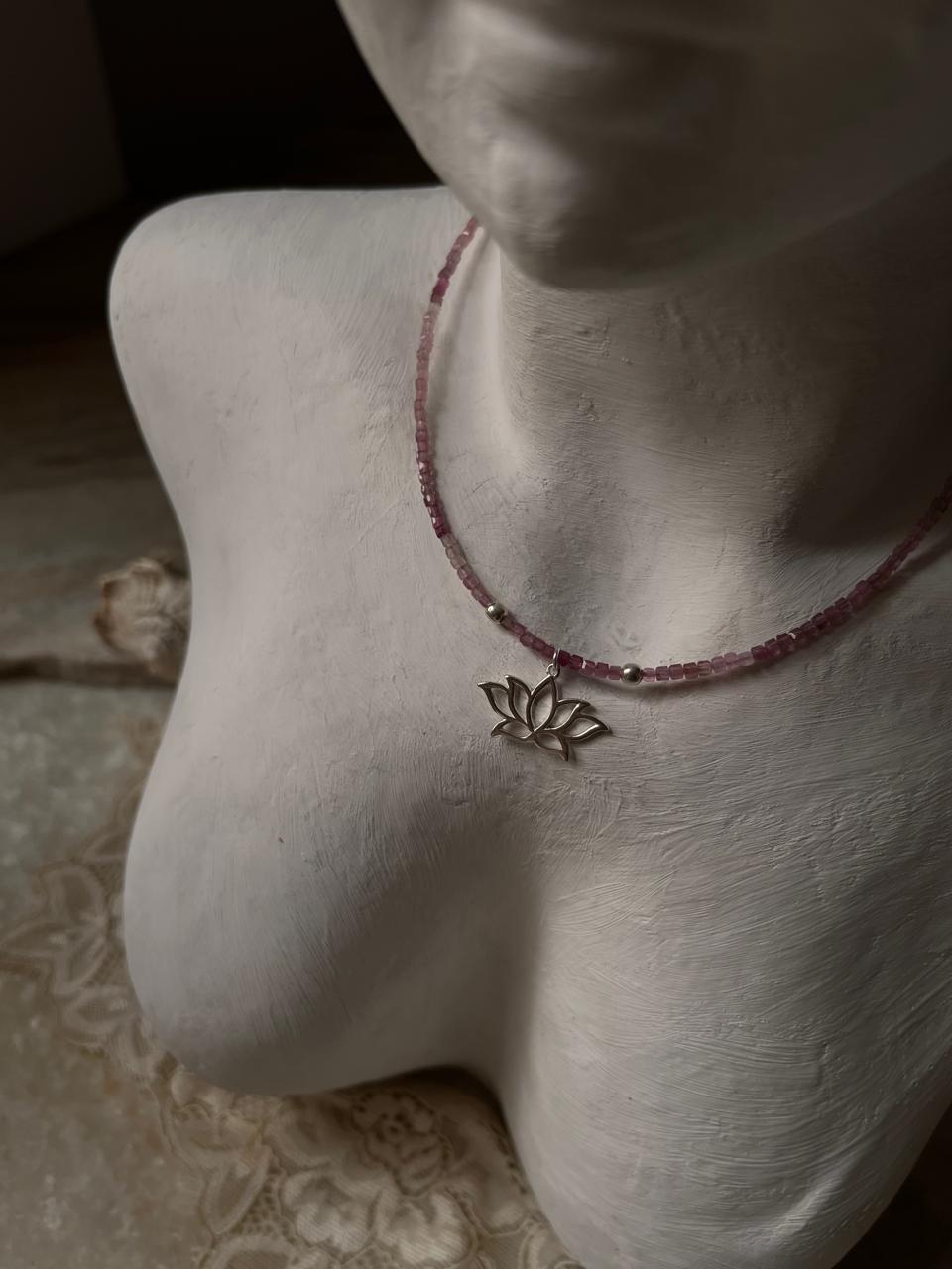 Pink Tourmaline Natural Crystal With Lotus Charm 925 Sterling Silver Choker Necklace