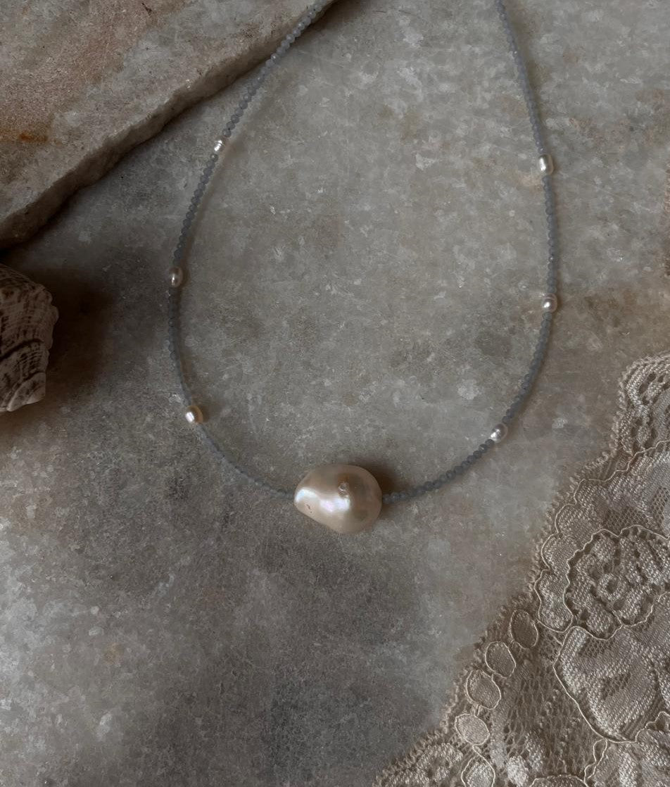 Baroque Pearl , Aquamarine & Fresh Water Pearls 925 Sterling Silver Choker Necklace