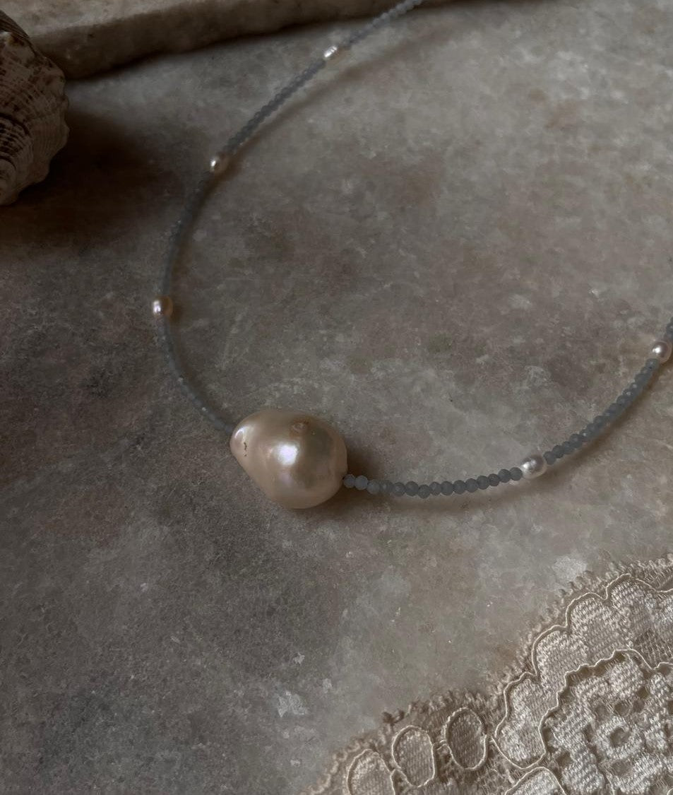 Baroque Pearl , Aquamarine & Fresh Water Pearls 925 Sterling Silver Choker Necklace