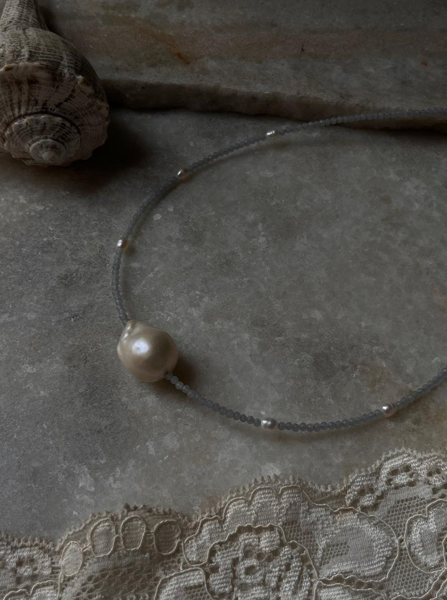 Baroque Pearl , Aquamarine & Fresh Water Pearls 925 Sterling Silver Choker Necklace