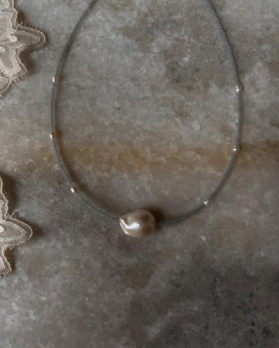 Baroque Pearl , Aquamarine & Fresh Water Pearls 925 Sterling Silver Choker Necklace