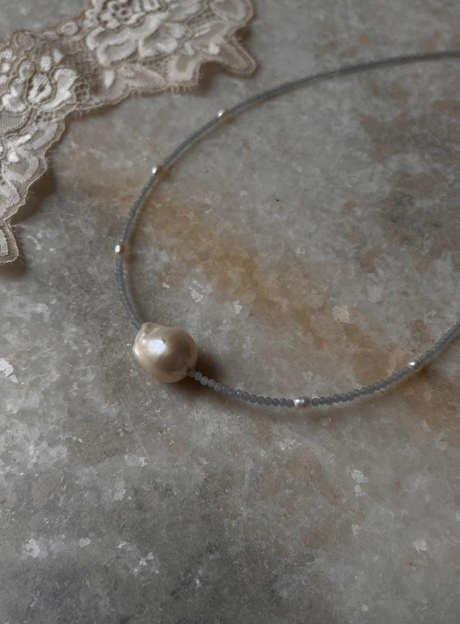Baroque Pearl , Aquamarine & Fresh Water Pearls 925 Sterling Silver Choker Necklace