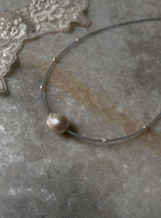 Baroque Pearl , Aquamarine & Fresh Water Pearls 925 Sterling Silver Choker Necklace