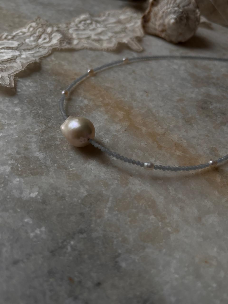 Baroque Pearl , Aquamarine & Fresh Water Pearls 925 Sterling Silver Choker Necklace