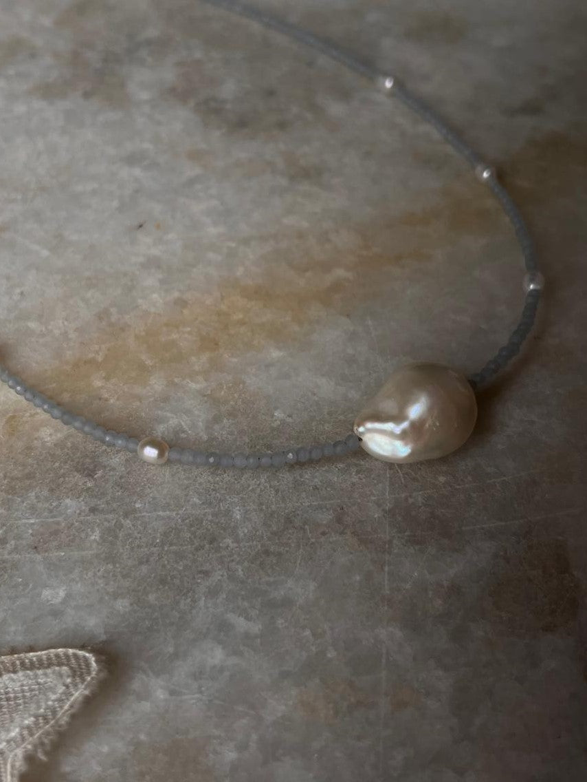 Baroque Pearl , Aquamarine & Fresh Water Pearls 925 Sterling Silver Choker Necklace