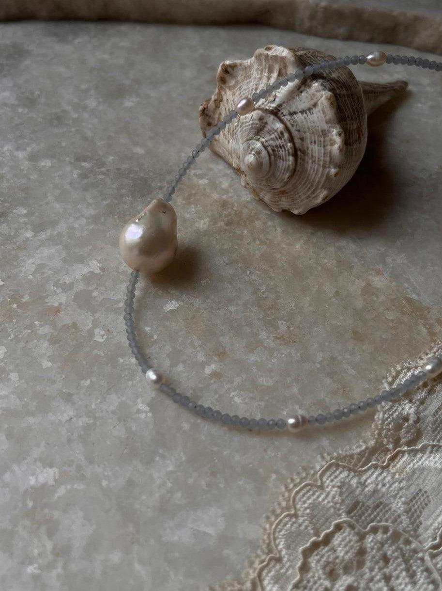 Baroque Pearl , Aquamarine & Fresh Water Pearls 925 Sterling Silver Choker Necklace
