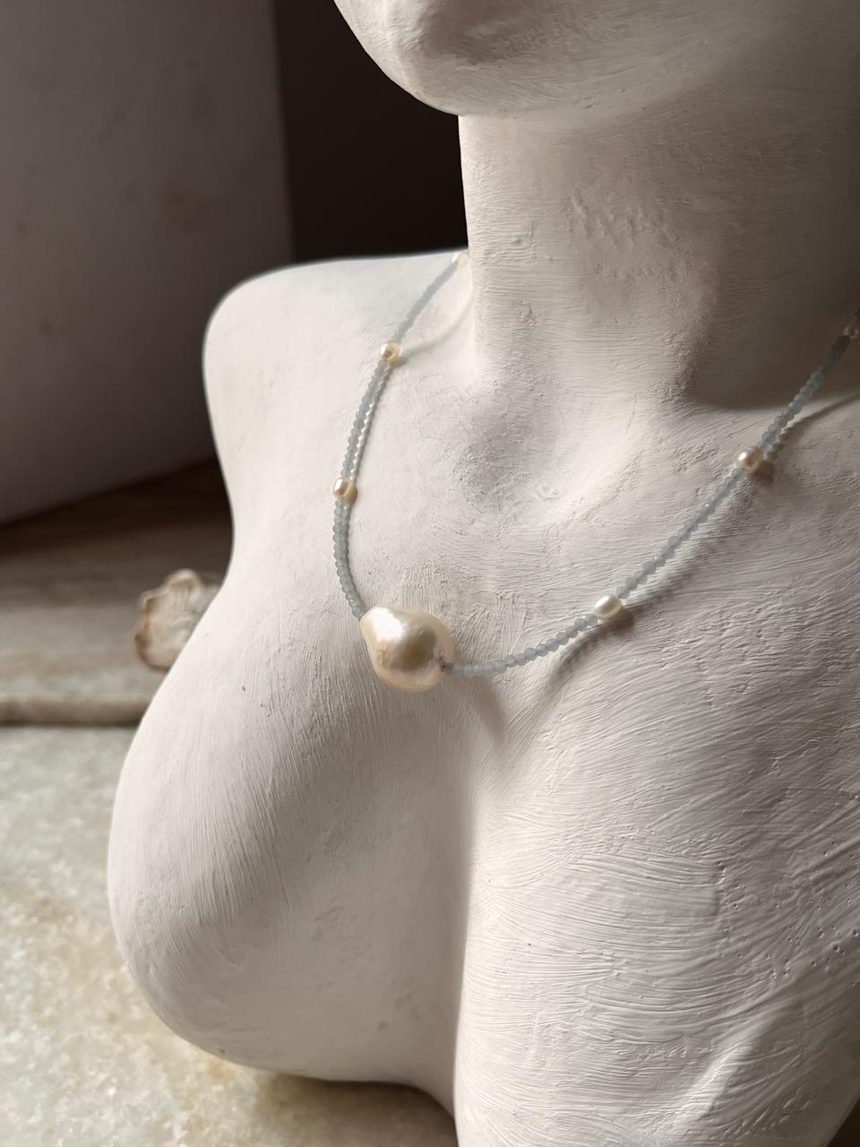 Baroque Pearl , Aquamarine & Fresh Water Pearls 925 Sterling Silver Choker Necklace
