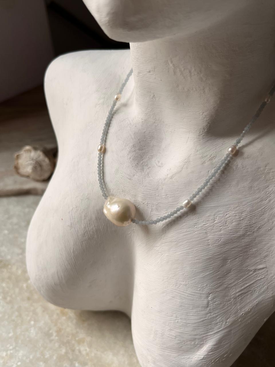 Baroque Pearl , Aquamarine & Fresh Water Pearls 925 Sterling Silver Choker Necklace