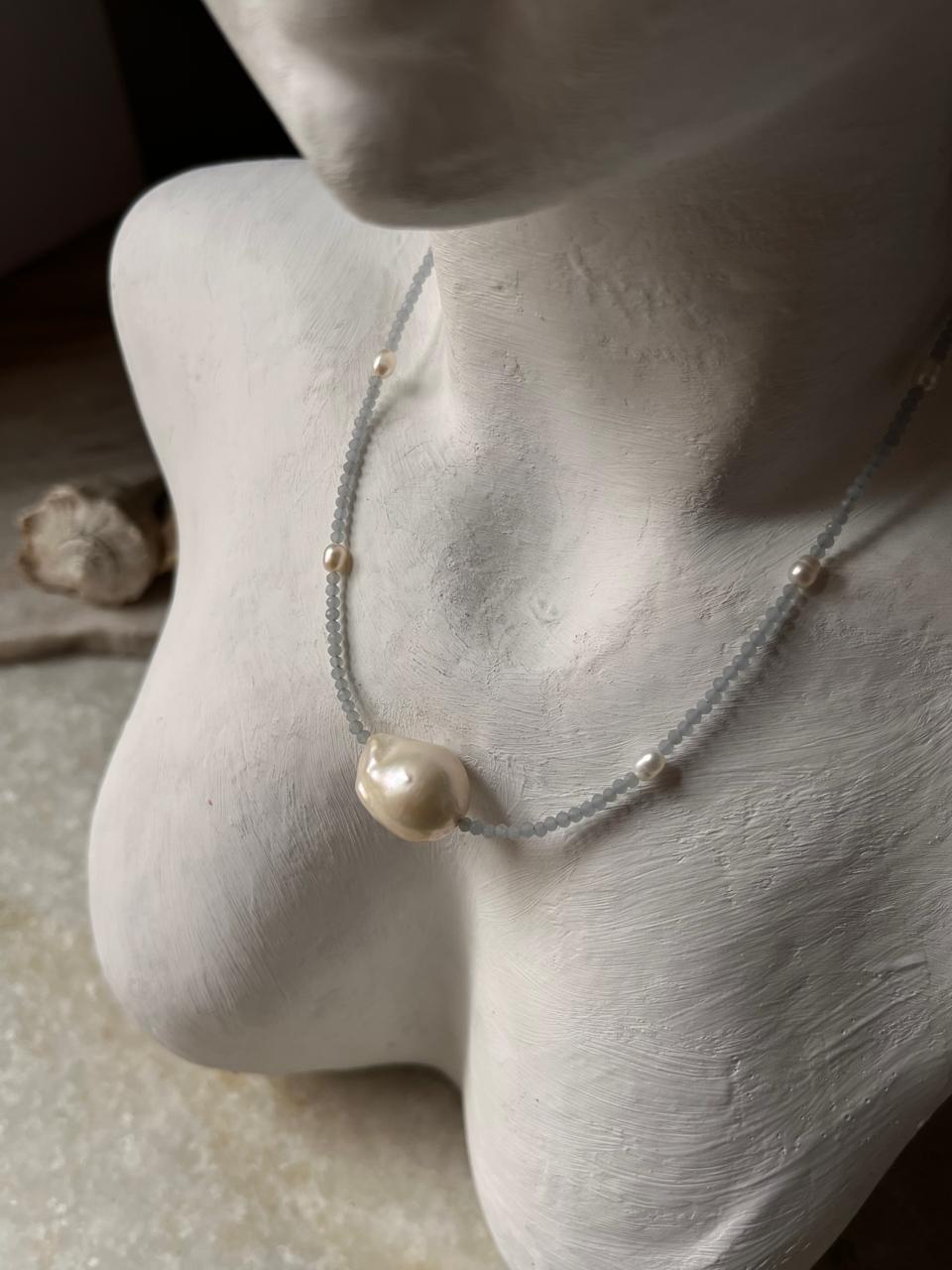 Baroque Pearl , Aquamarine & Fresh Water Pearls 925 Sterling Silver Choker Necklace