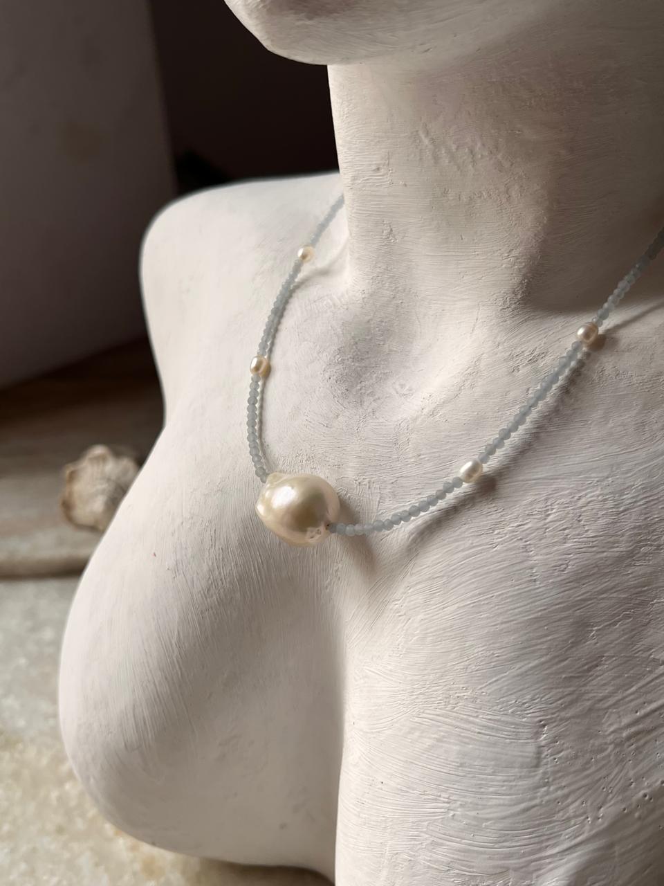 Baroque Pearl , Aquamarine & Fresh Water Pearls 925 Sterling Silver Choker Necklace
