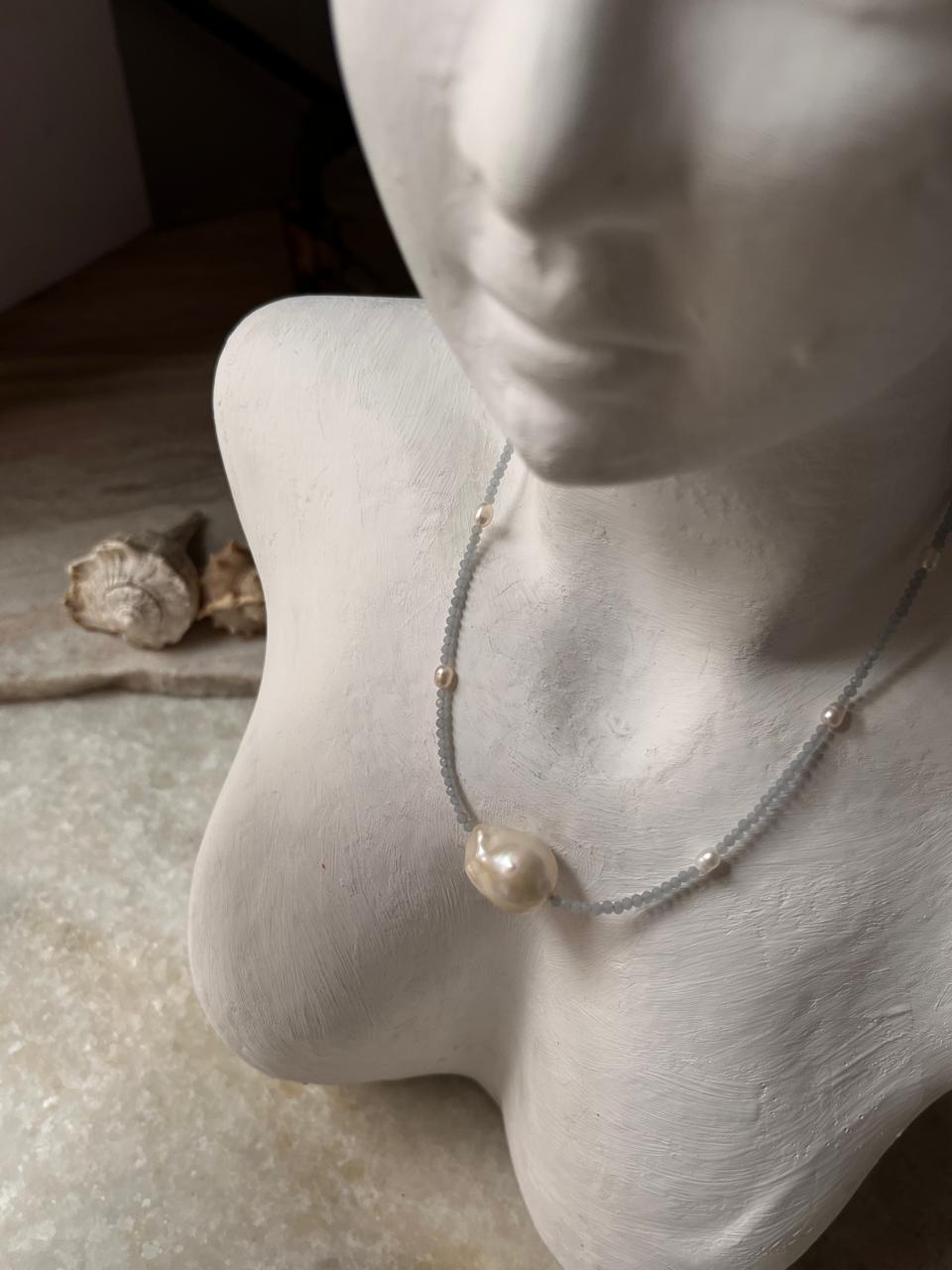 Baroque Pearl , Aquamarine & Fresh Water Pearls 925 Sterling Silver Choker Necklace
