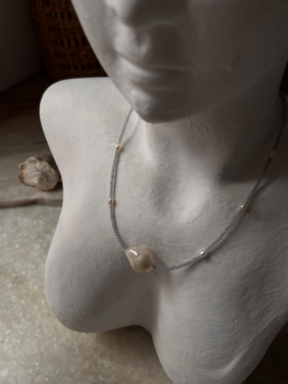 Baroque Pearl , Aquamarine & Fresh Water Pearls 925 Sterling Silver Choker Necklace