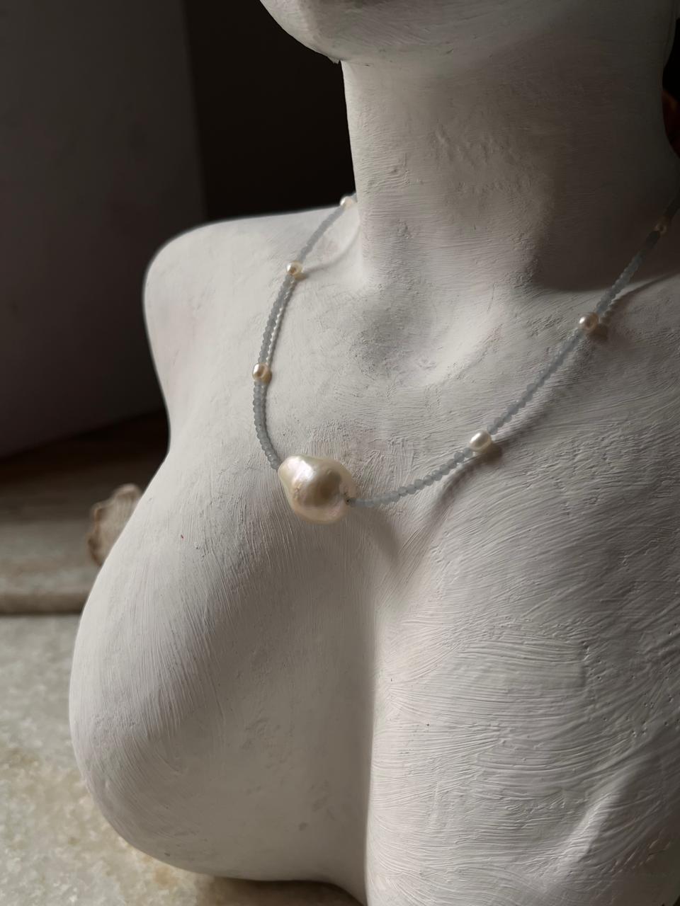 Baroque Pearl , Aquamarine & Fresh Water Pearls 925 Sterling Silver Choker Necklace