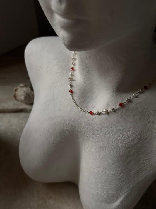Red Onyx and pearl handcrafted necklace in 925 sterling silver  