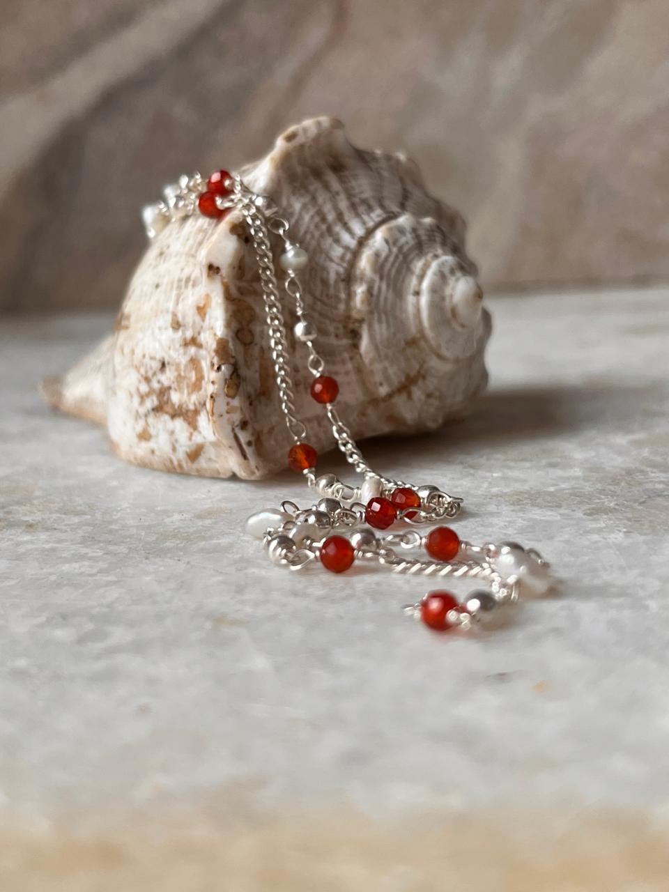 Sterling silver necklace with red onyx beads and pearls
