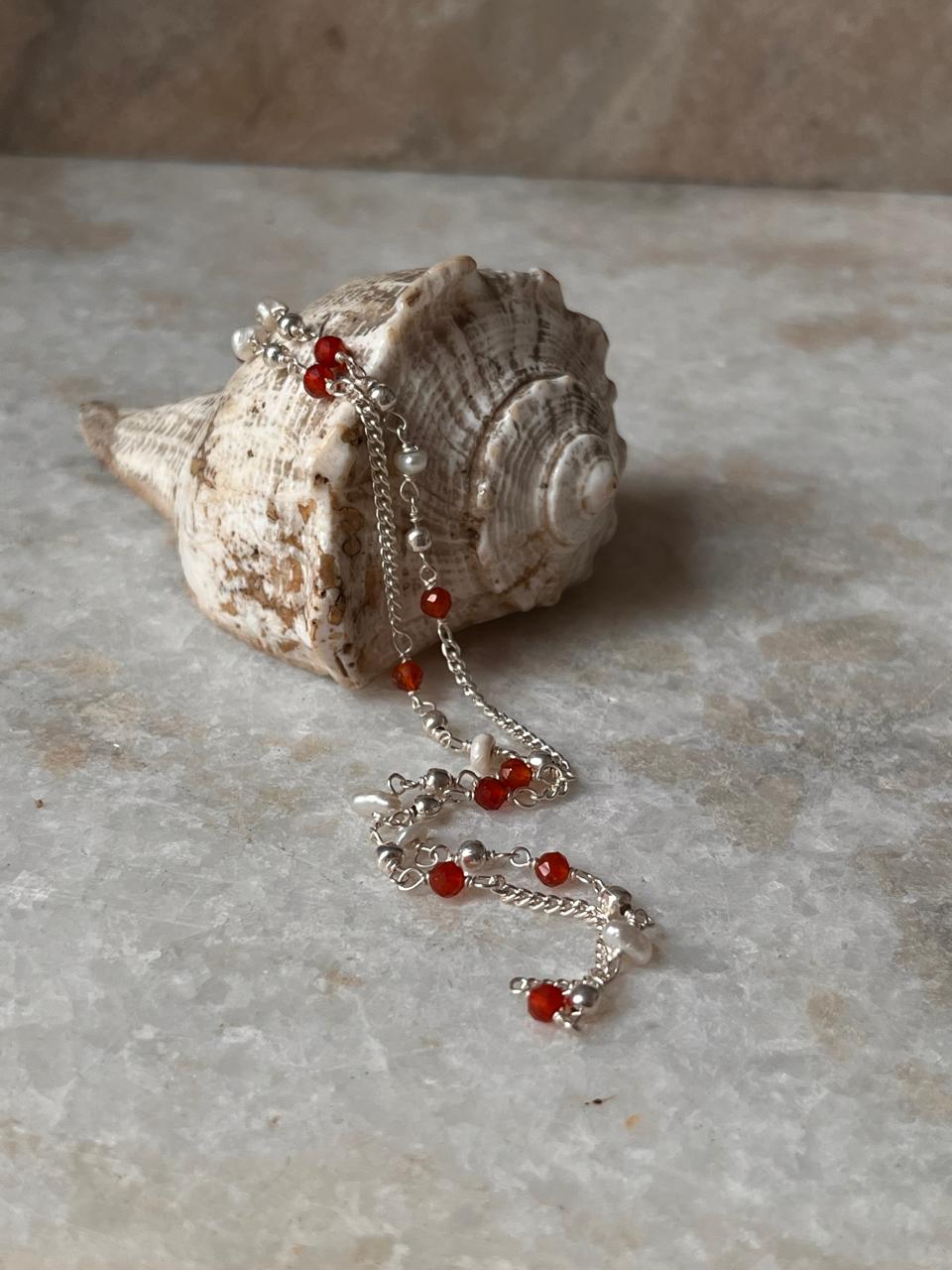 Artisan necklace with pearls and red onyx in sterling silver