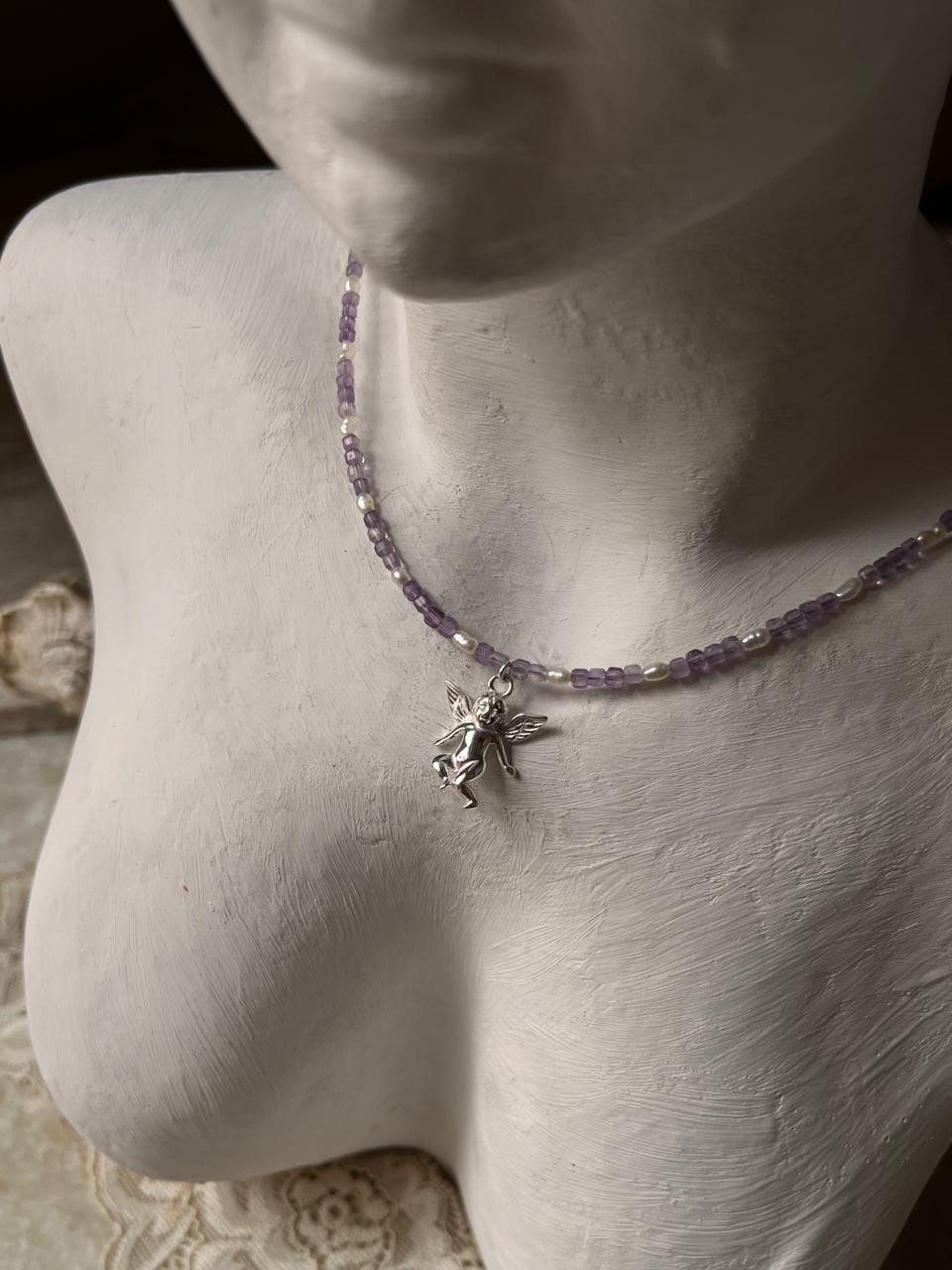Amethyst & Fresh Water Rice Pearl Natural Crystal With Cherub Angel Charm 925 Sterling Silver Choker Necklace