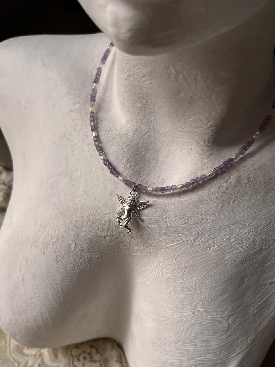 Amethyst & Fresh Water Rice Pearl Natural Crystal With Cherub Angel Charm 925 Sterling Silver Choker Necklace