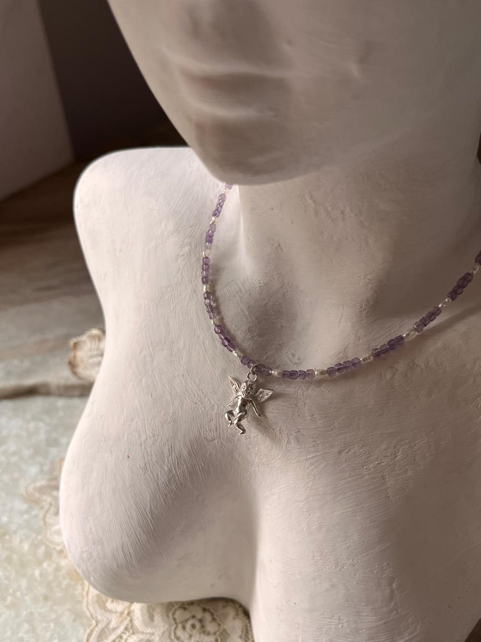 Amethyst & Fresh Water Rice Pearl Natural Crystal With Cherub Angel Charm 925 Sterling Silver Choker Necklace
