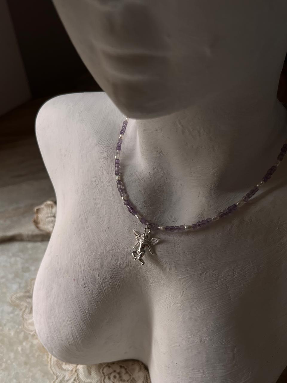 Amethyst & Fresh Water Rice Pearl Natural Crystal With Cherub Angel Charm 925 Sterling Silver Choker Necklace