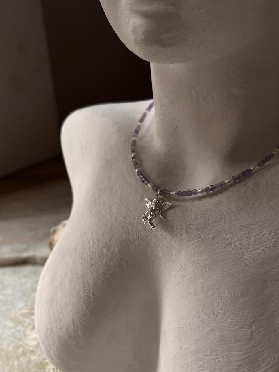 Amethyst & Fresh Water Rice Pearl Natural Crystal With Cherub Angel Charm 925 Sterling Silver Choker Necklace