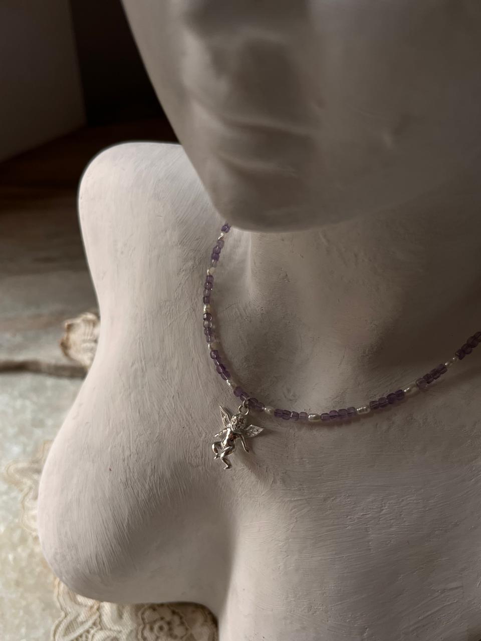 Amethyst & Fresh Water Rice Pearl Natural Crystal With Cherub Angel Charm 925 Sterling Silver Choker Necklace