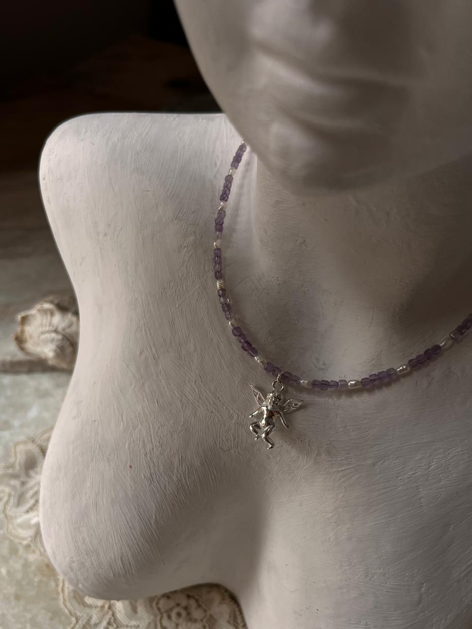 Amethyst & Fresh Water Rice Pearl Natural Crystal With Cherub Angel Charm 925 Sterling Silver Choker Necklace