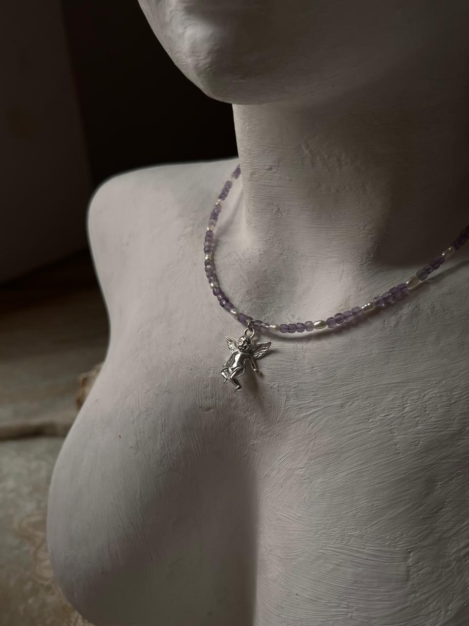 Amethyst & Fresh Water Rice Pearl Natural Crystal With Cherub Angel Charm 925 Sterling Silver Choker Necklace