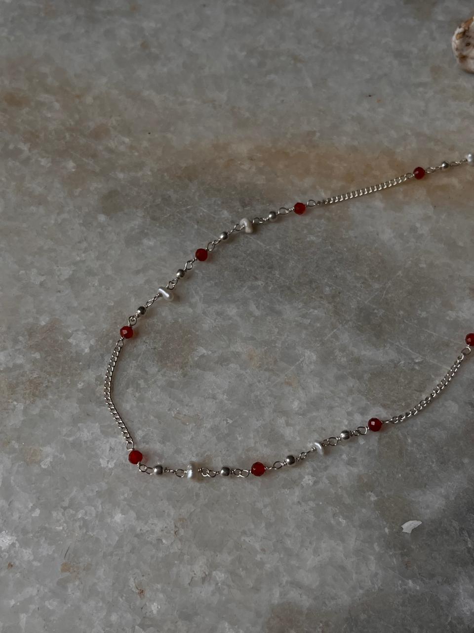 Red Onyx and pearl handcrafted necklace in 925 sterling silver  
