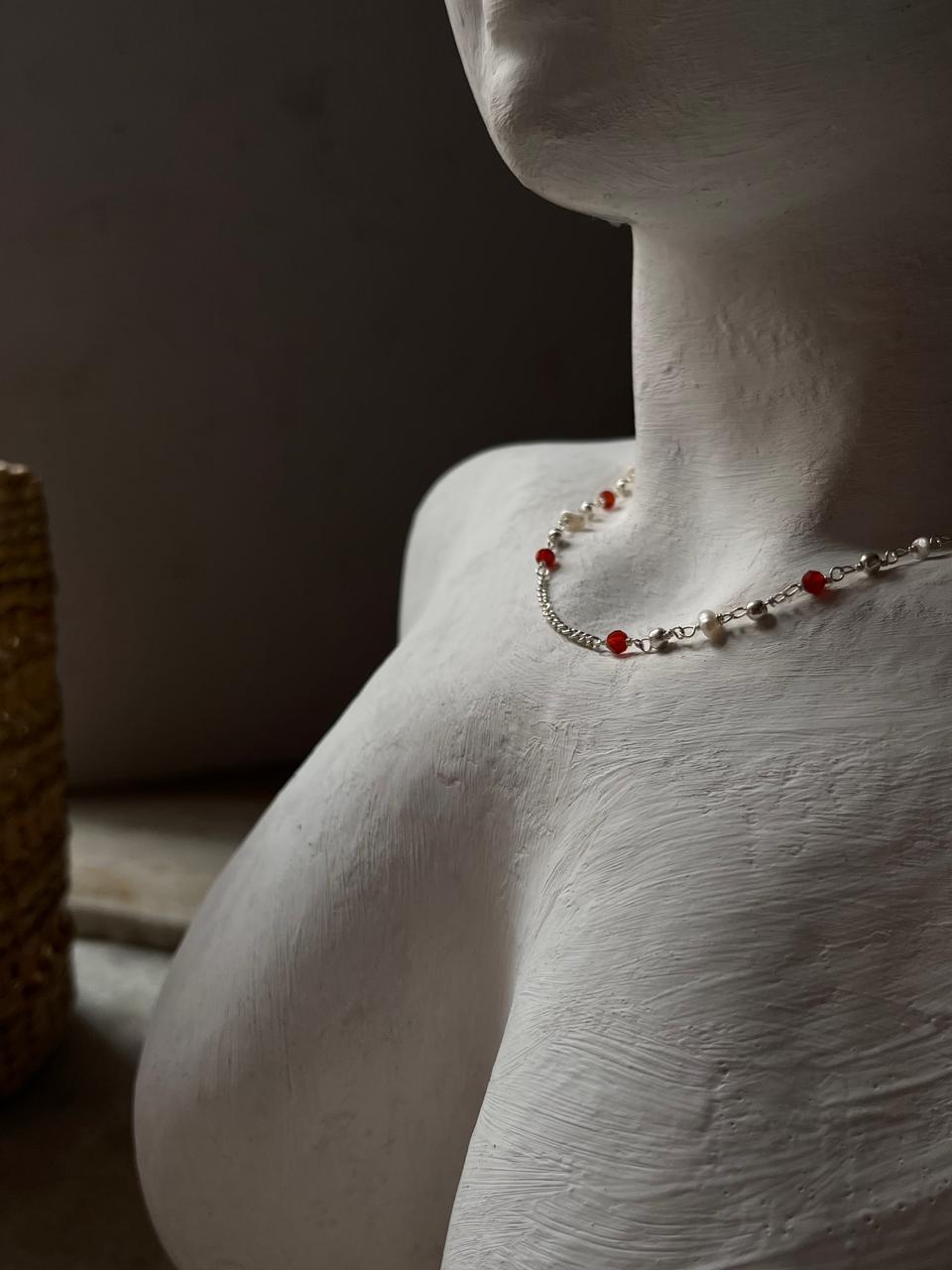 Sterling silver necklace with red onyx beads and pearls