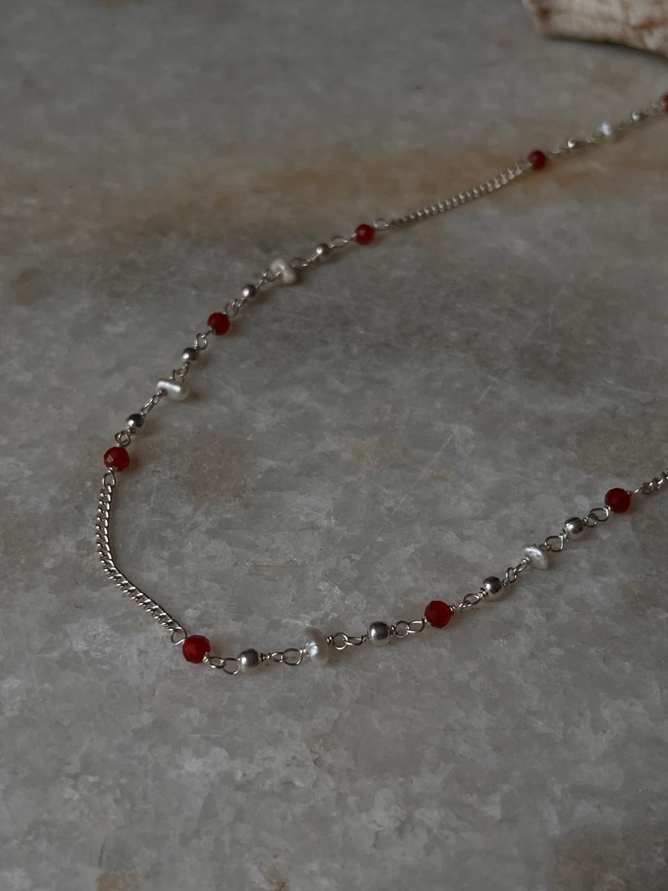 Red onyx gemstone necklace with pearls and silver accents