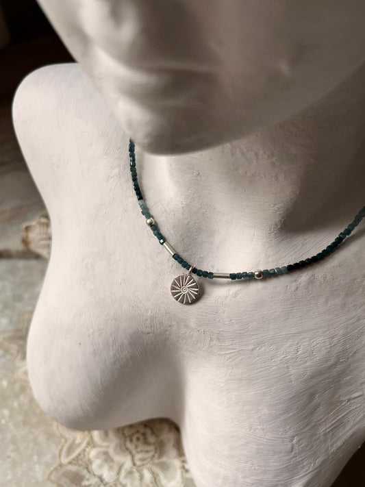 Minimalist grandidierite gemstone choker necklace with charm