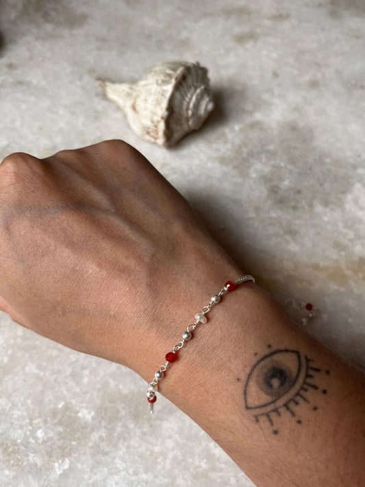 Red onyx and pearl handcrafted 925 sterling silver bracelet  