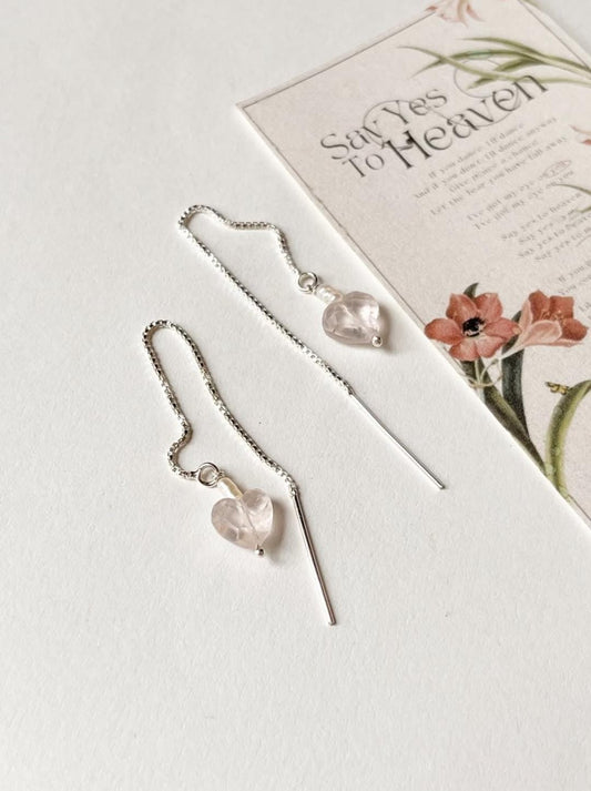 Rose quartz heart and pearl threader earrings in 925 silver  