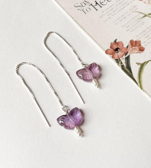 Amethyst butterfly and pearl threader earrings in 925 silver  