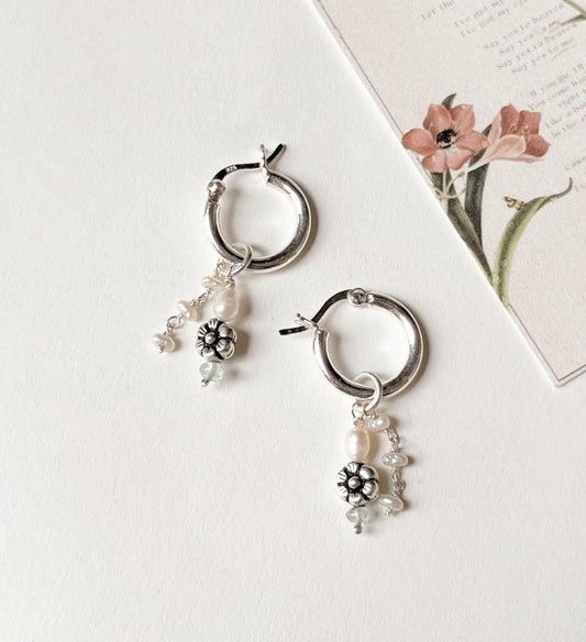 Italian silver hoops with freshwater pearl and aquamarine charms  