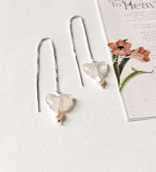 Rainbow moonstone butterfly and pearl threader earrings in 925 silver  