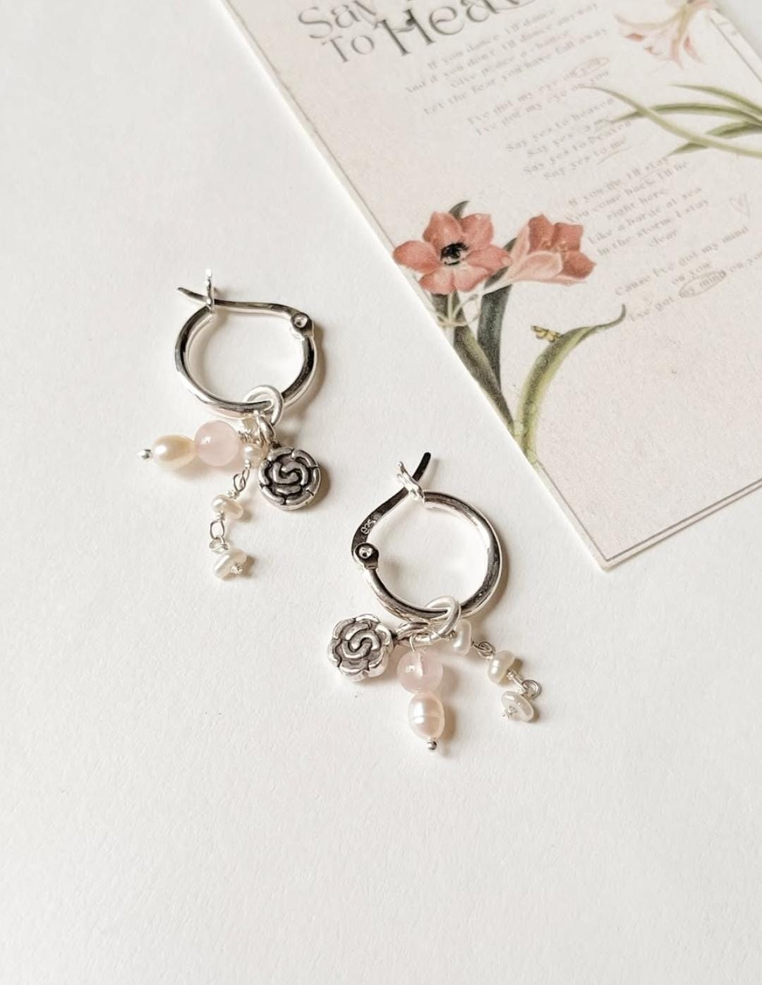 Italian silver hoops with rose quartz and pearl removable charms  