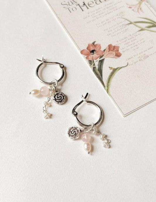 Italian silver hoops with rose quartz and pearl removable charms  