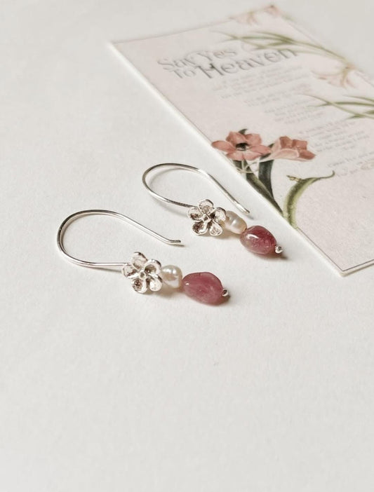 Cherry blossom earrings with pink tourmaline and freshwater pearls  