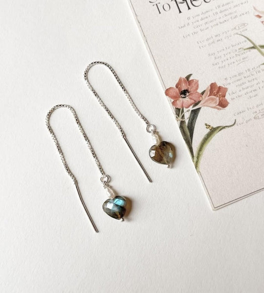 Labradorite heart and pearl threader earrings in 925 silver  