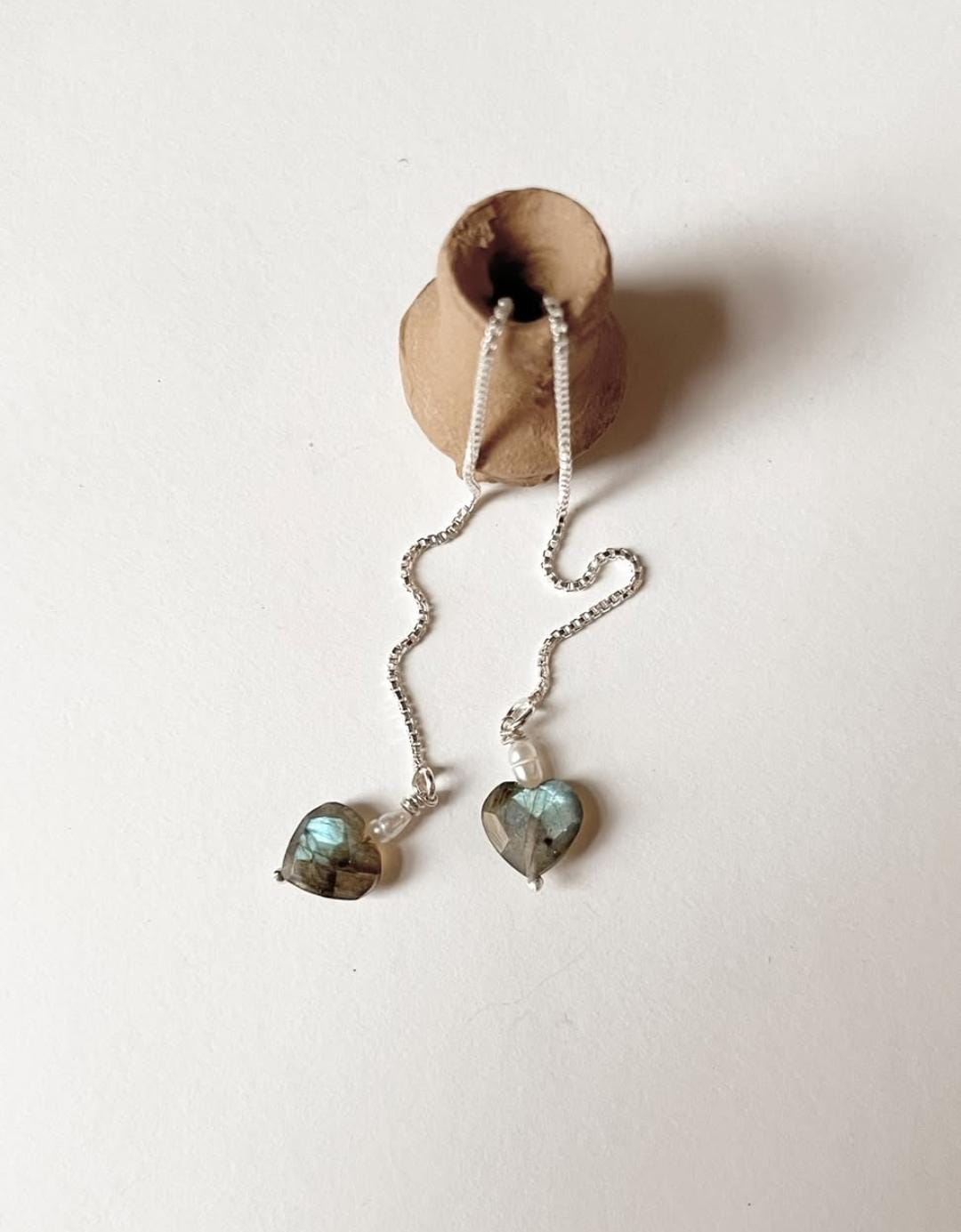 Threader earrings featuring labradorite heart and freshwater pearls