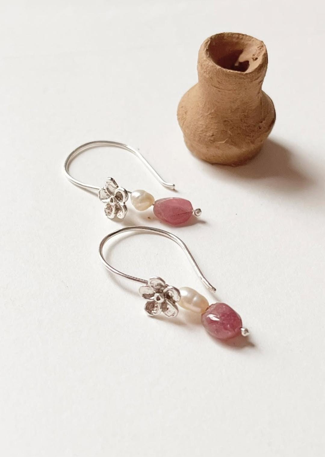 925 silver hook earrings featuring pearl and pink tourmaline flowers