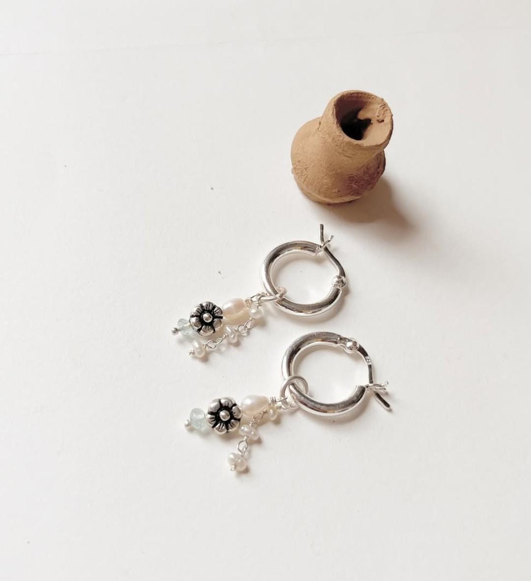 Aquamarine and pearl charm hoops in Italian silver