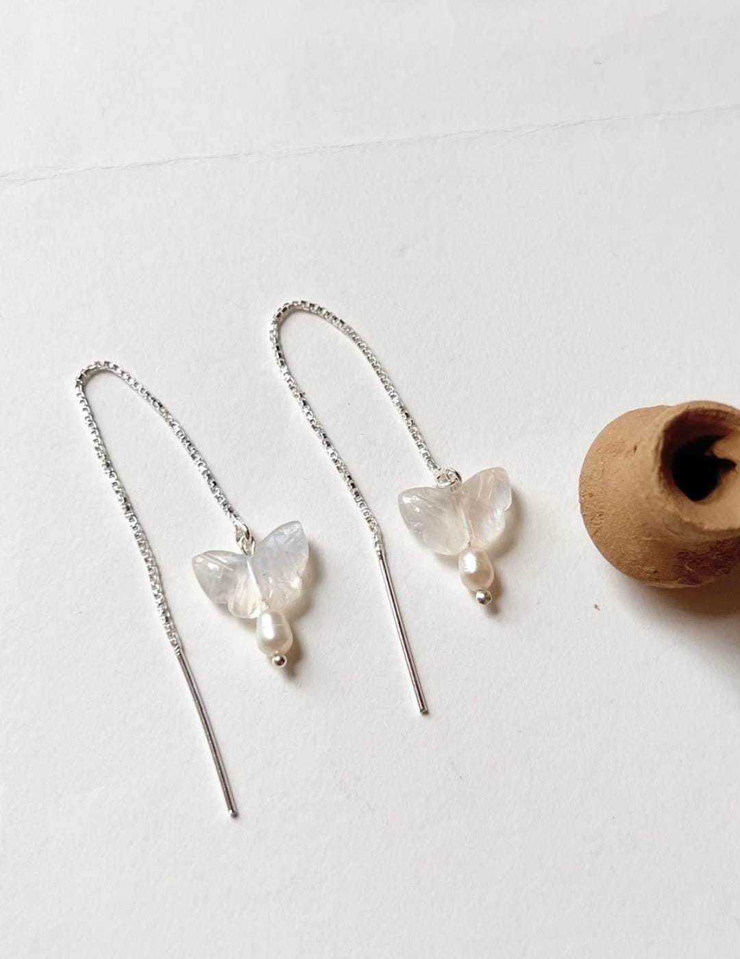 Threader earrings with pearls and rainbow moonstone butterfly charm