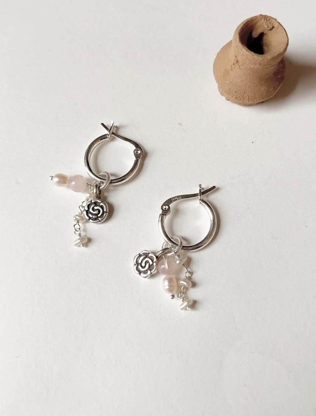 Rose quartz charm hoops with freshwater pearl and silver rose bead