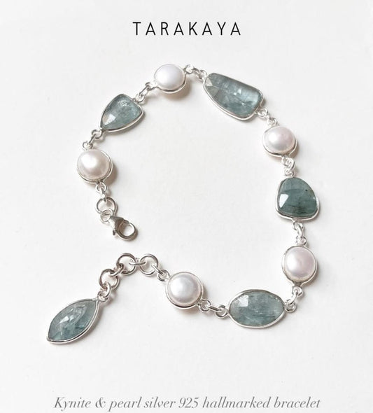 Kyanite and freshwater pearl 925 sterling silver bracelet  