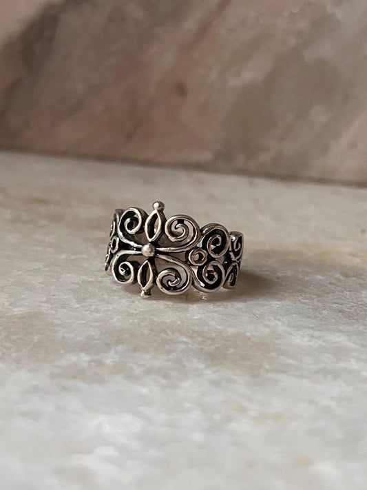 Vintage Chunky Fleur Unisex Band 925 Sterling Silver Ring