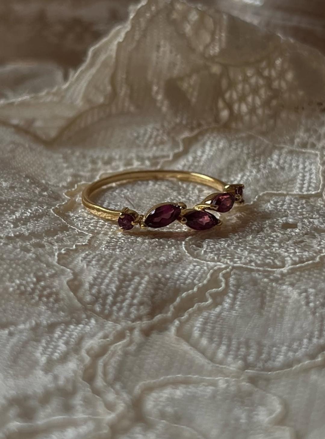 Gold Vermeil Rhodolite Garnet Leafy Minimal 925 Sterling Silver Ring